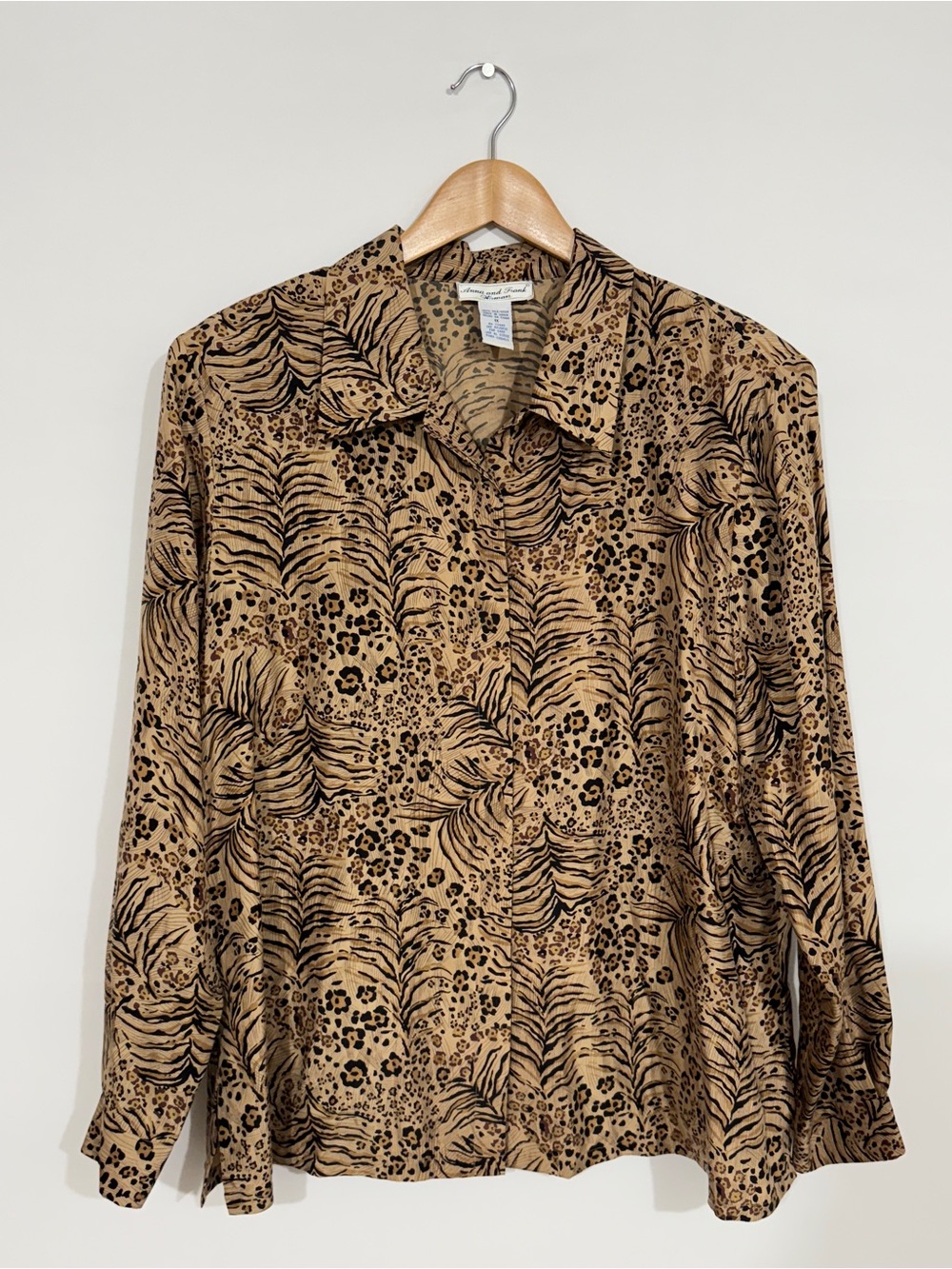 WSH62 {Anna and Frank} 100% Silk Brown Animal Print Button Down Blouse Shirt Top